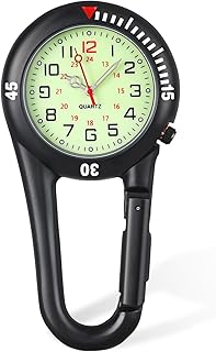 uinnossvc Pocket FOB Watch Clip On Carabiner Watch Black Clip Paramedics Watch Multifunctional Glowing Dial Quartz Watch W...