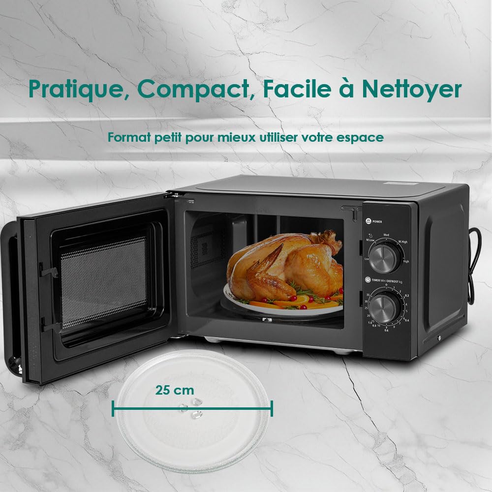 Micro-ondes 20L, Noir, Micro onde 700W, 5 Niveaux de Puissance, Chauffage Uniforme, Minuterie 35min, Compact Facile à Utiliser pour Décongélation et Chauffage Quotidien