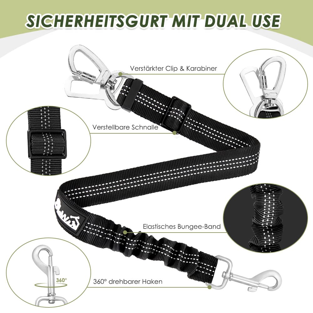 Eyein 2 Stück Hundegurt fürs Auto, Hunde Sicherheitsgurt mit Elastischer Ruckdämpfung, Verstellbarer Hund Anschnallgurt mit Universalstecker & Befestigung für Reisen Reiten im Fahrzeug, Schwarz