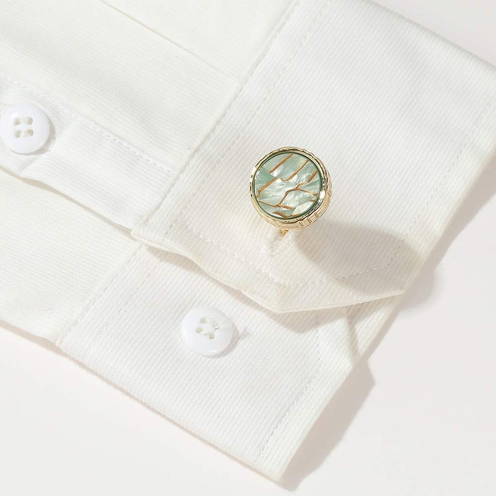 Gemelli da Uomo per Camicia Francese, Nuovi alla Moda, Rotondi, in Marmo Verde, Colore Oro, Regali