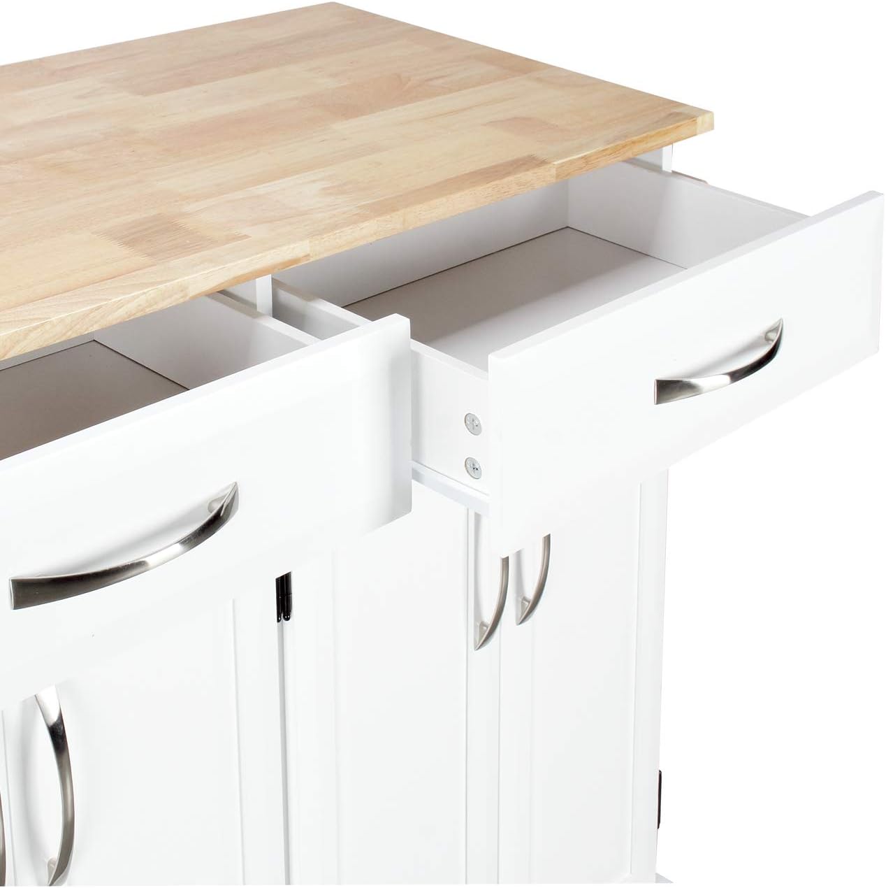 BELLEZE Modern Rolling Kitchen Island Utility Cart with Two Drawers, Storage Cabinets, Handle Towel Racks, Rubber Wood Top, and Caster Wheels - Baldy (White) : Home & Kitchen
