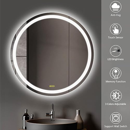 Miniatura 4 de Espejo LED de baño redondo de 36 pulgadas, espejo de baño con luces, gran antiempañamiento, espejo de tocador LED montado en la pared, espejo de