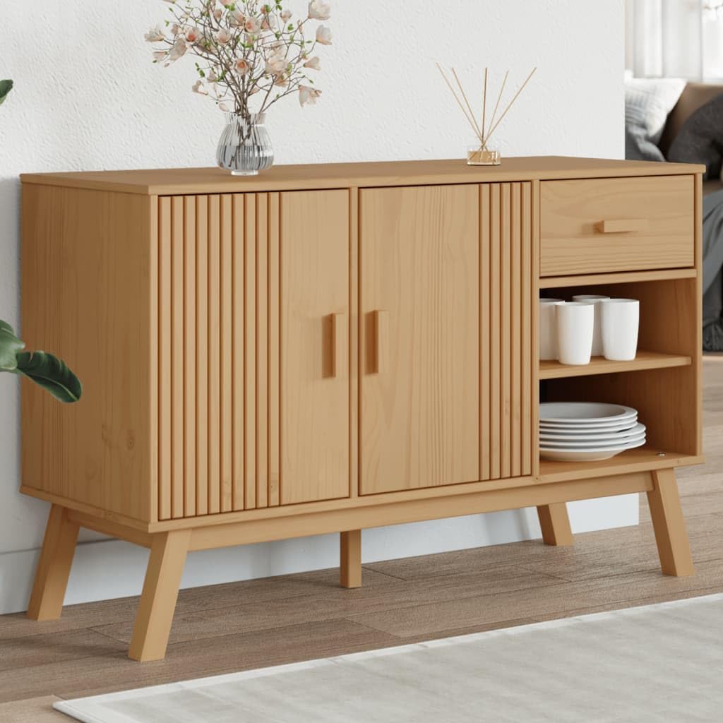 Scandinavian Solid Pine Wood Sideboard with Brown Finish, 1 Drawer and 2 Doors for Ample Storage, Rustic Rectangular Cabinet for Living Room Hallway