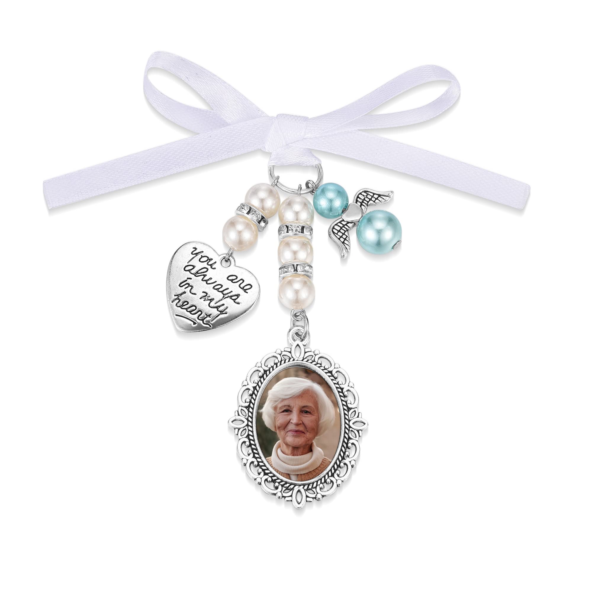 JSDDE Personalised Wedding Bouquet Photo Charm Bridal Lacy Oval Photo Charm Frame Photo Printed Memorial Bouquet Photo Charms You are Always in My Heart Bouquet Charms (One Pendant)
