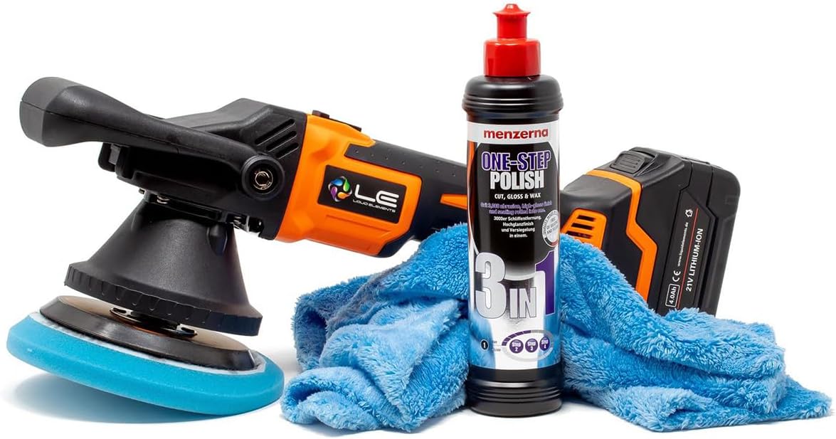 detailmate Car Polish Set: Liquid Elements A3000 Battery Eccentric Polishing Machine + Nuke Guys Microfibre Polishing Cloth 40 x 40 cm, 450 GSM