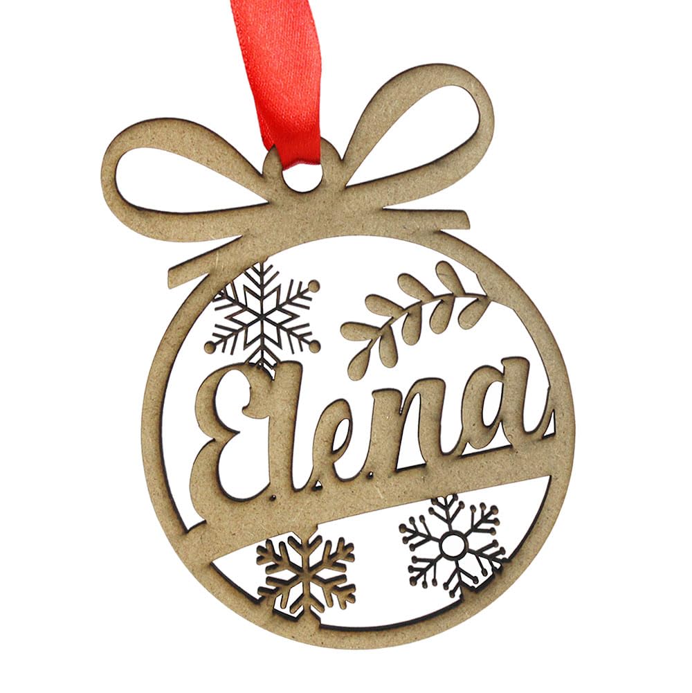 Bola de Navidad Personalizada con Nombre en Madera – Adorno Navideño de 10 cm con Cinta Roja