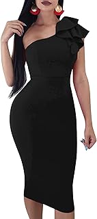 Mokoru Women's Sexy Ruffle One Shoulder Bodycon Elegant Cocktail Party Midi Dresses