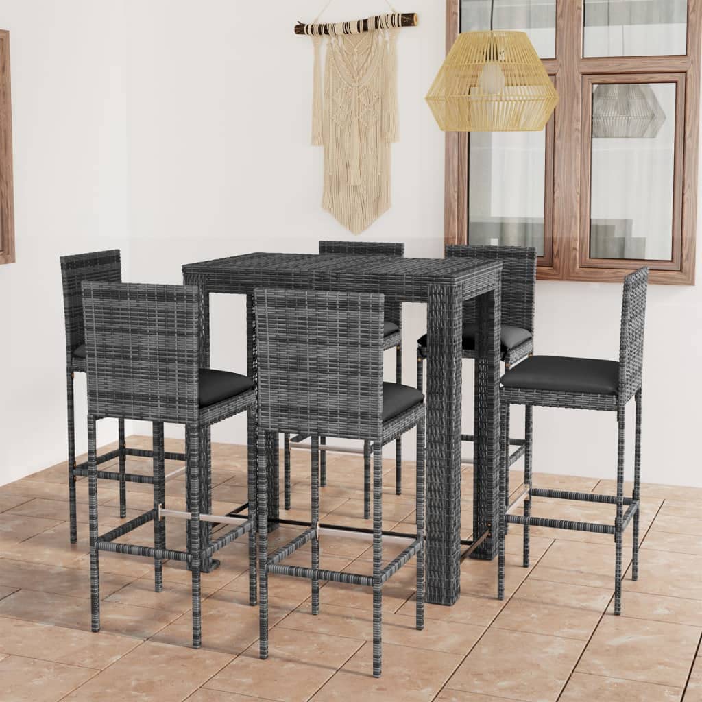 Conjunto jardín Bar 7 Piezas ratán sintético Gris con Cojines Gris Antracita Estructura Acero terraza Patio Comedor Asiento cómodo Resistente para reunión y Ocio al Aire Libre