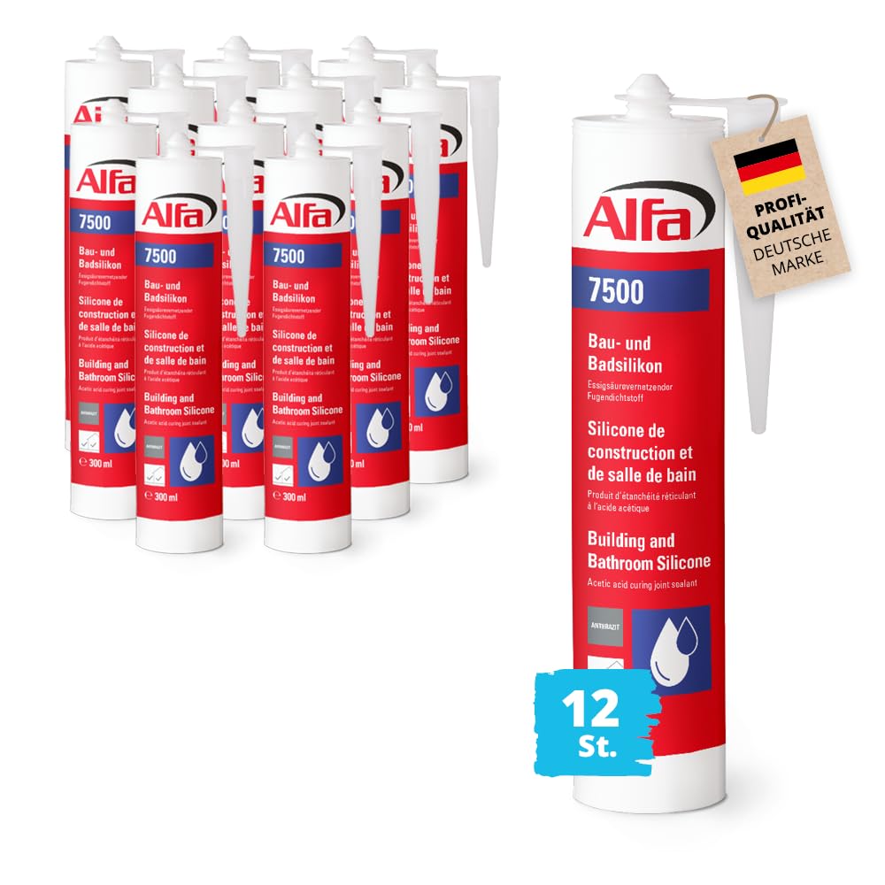 12x Alfa Sanitärsilikon 300 ml Anthrazit – Profi Bau- & Badsilikon (3,6 l) | Profi-Qualität – Essigsäurevernetzendes Silikon mit Pilzschutz - UV-beständig und dauerelastisch für Dehnungsfugen