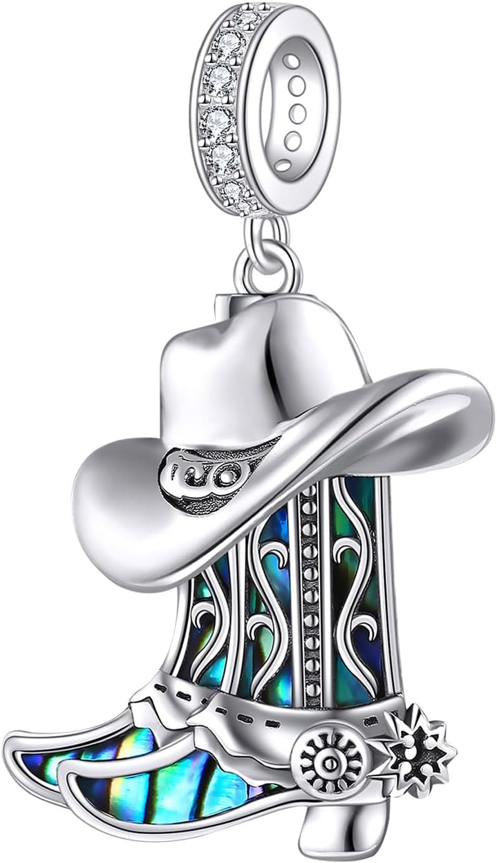 URONE Cowboy Boot Hat Charm Beads Fits Bracelets 925 Sterling Silver Cowgirl Charm Western Jewelry Gifts