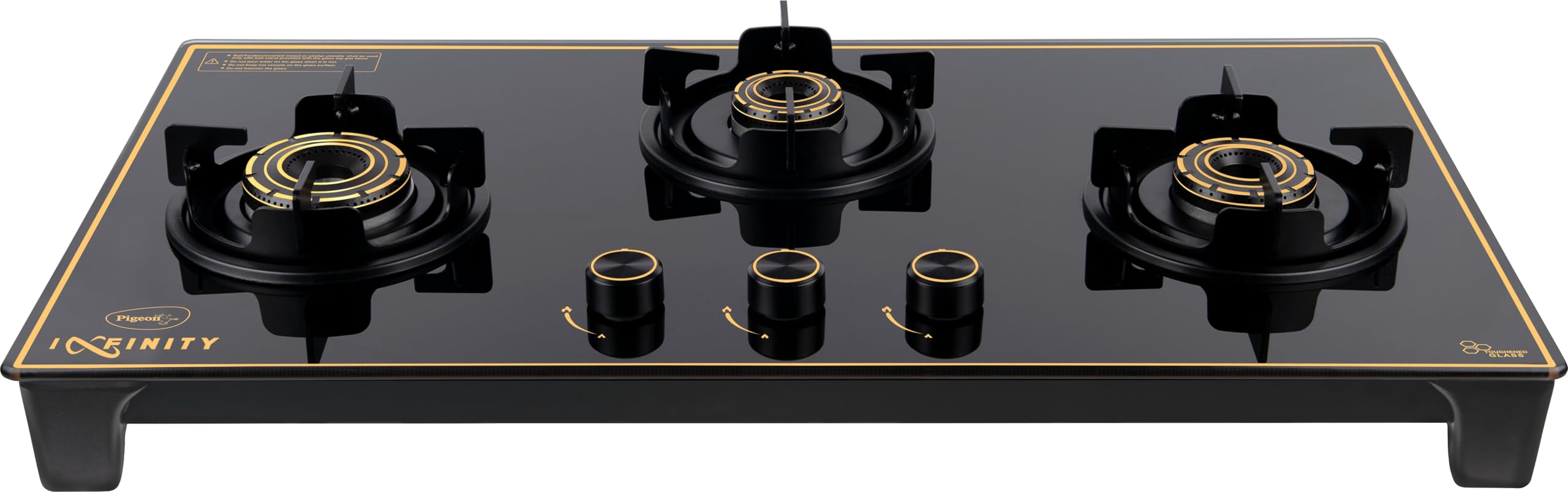 Pigeon Infinity Gold Gas Cooktop Glass Top and Stainless Steel Black Body 3 Burner Gas Stove | ISI Certified | Manual Ignition | Black Gold | Latest Launch-image-4