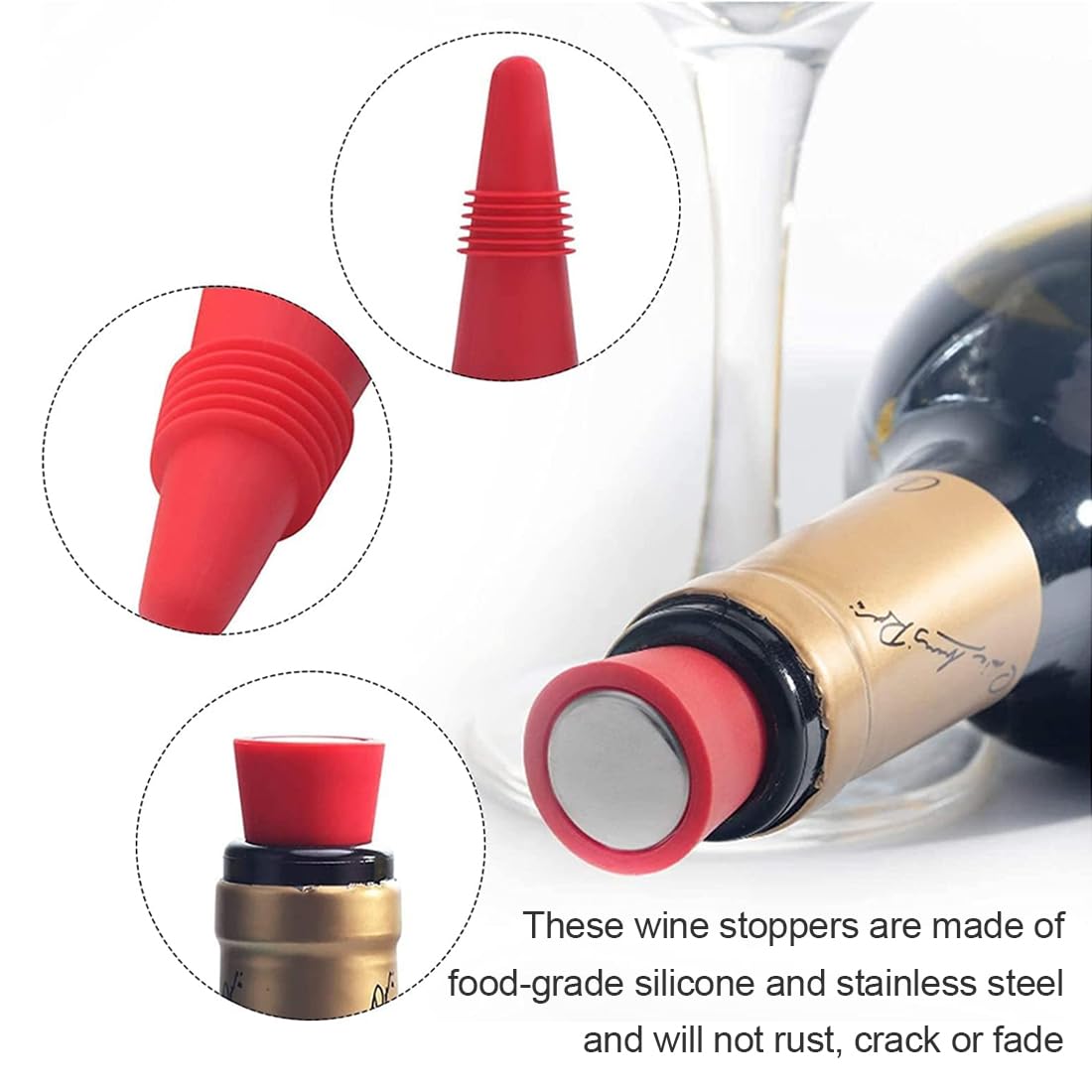 6 Tappi Per Bottiglie Di Vino In Silicone Con Fondo In Acciaio Inox - Riutilizzabili E Colorati - Per Champagne E Birra