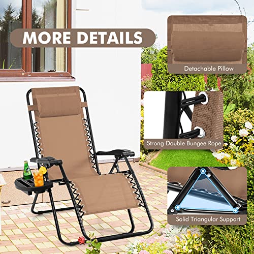 Image of Giantex 2 PCS Zero Gravity Chair Patio Chaise Lounge Chairs Outdoor Yard Pool Recliner Folding Lounge Chair with Cup Holder (Beige)