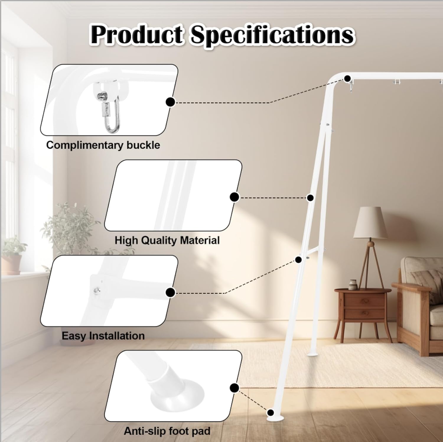 Portable Swing Stand, Hammock Chair Stand with 3 Hooks, Hammock Stand for Indoor/Outdoor, Fit for Most Hanging Chairs, 300 lbs Capacity, Chair not Included (White)