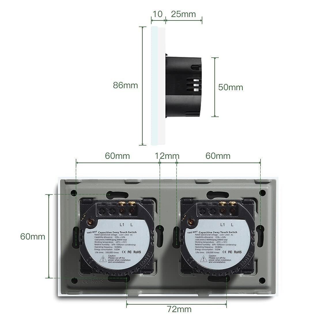 Interruptor táctil de cristal, Manera multicolora 1 de la cuadrilla 157m m del interruptor 2 luz elegante tacto o vidrio vías