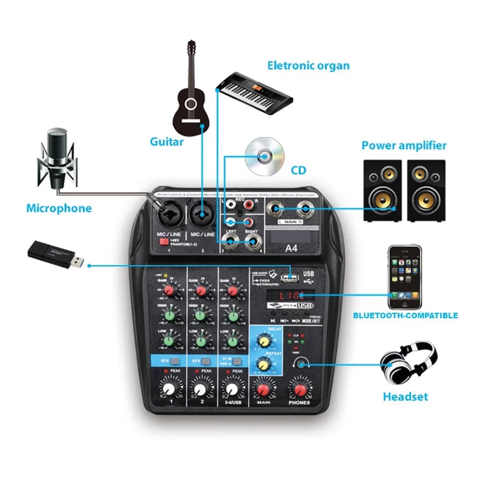 Scheda di mixaggio digitale professionale a 4 canali Microfono Telefono cellulare Trasmissione in diretta Registrazione su computer Attrezzatura audio for DJ per DJ professionisti
