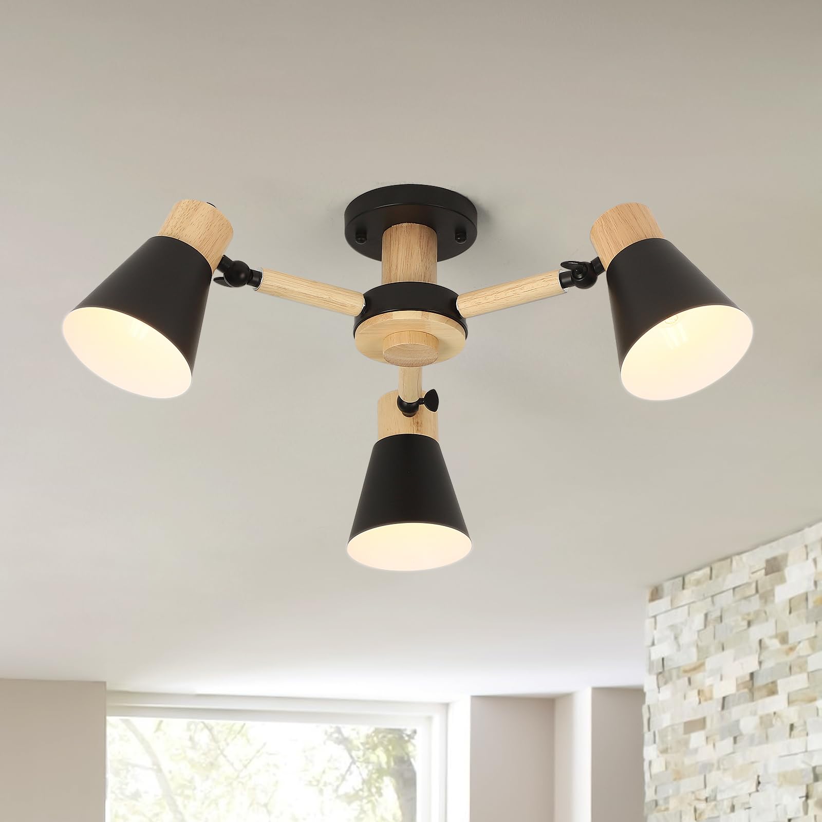 Schindora Black Ceiling Lights 3-Lights,Wood and Iron Chandeliers Ceiling Light Ø55Cm Adjustable Light Arms Lamp E27 Modern Ceiling Lights Living Room for Kitchen Bedroom