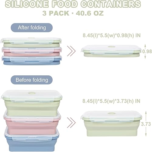 Miniatura 2 de KIGI 【Paquete de 3】 Caja Bento de silicona plegable de 40.6 onzas con tapas, recipientes herméticos para preparación de comidas, aptos para