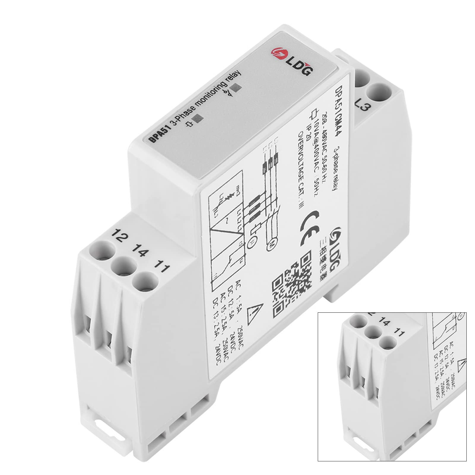 Ultimo relè di monitoraggio trifase DPA51CM44, protezione della sequenza di fase del relè di monitoraggio corrente/tensione per sistema trifase, senza neutro, perdita di fase e sequenza di fas