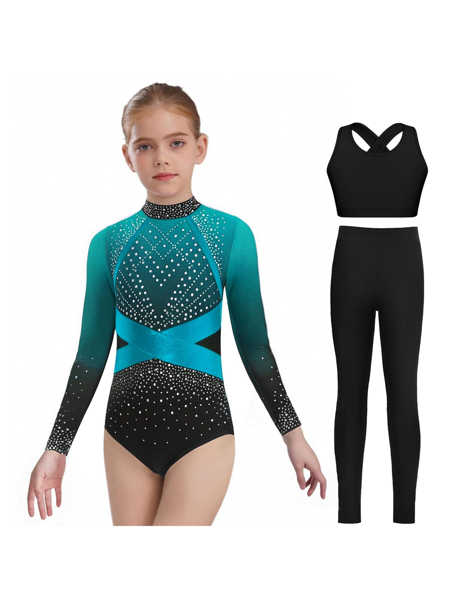 Oyolan Maillot Brillante Danza Niña Body Gimnasia De Elástico Con Leggings Largos De Deporte Mono De Baile Elástico Disfraz De Ballet