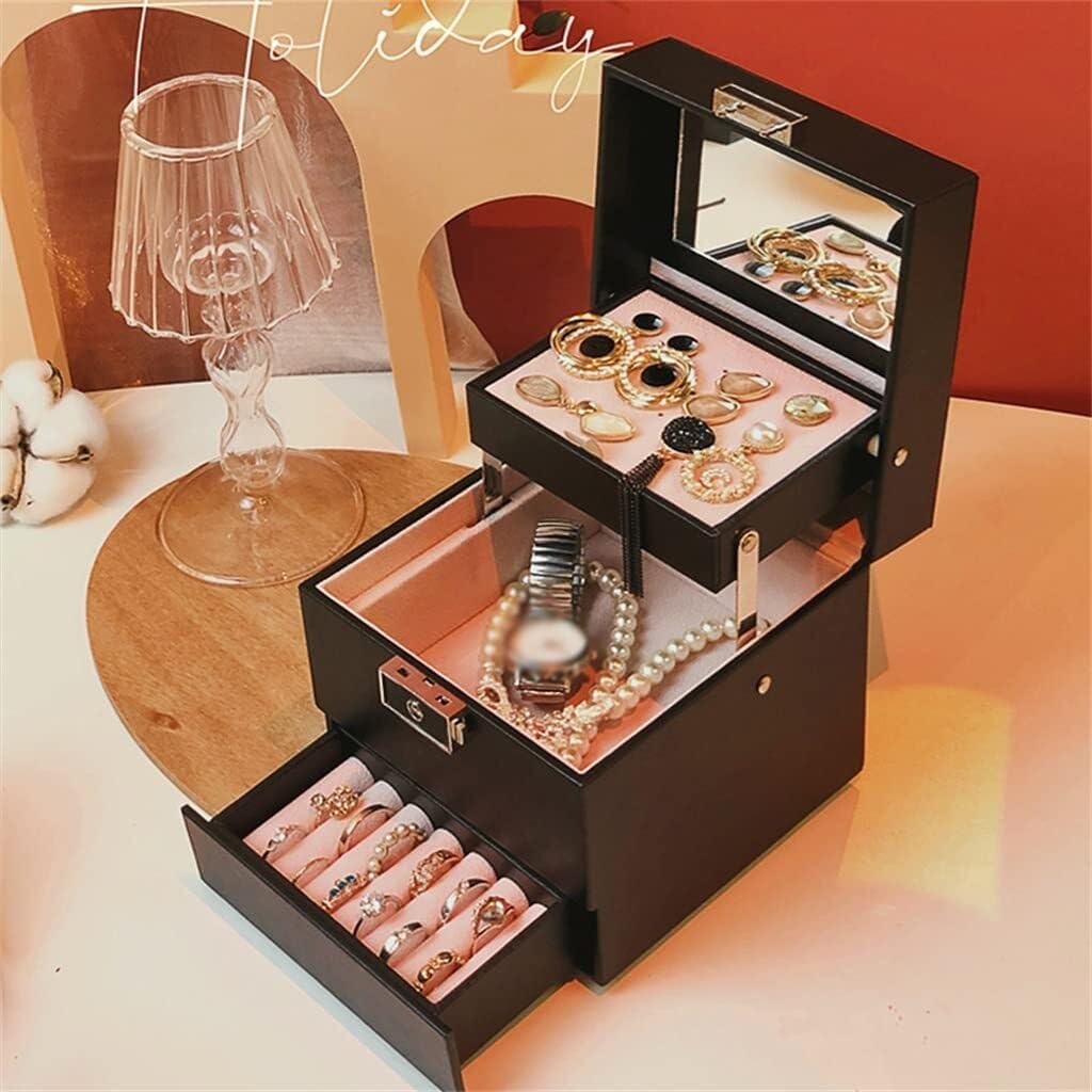 Jewelry Box Pu Multi-layer Jewelry Storage Box Jewelry Box Ear Stud Earrings Ring Storage Box(Black)