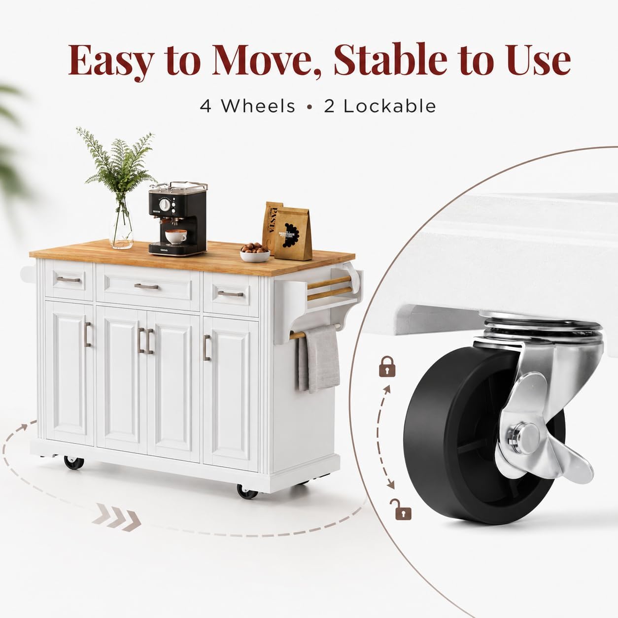 54 Inch White Kitchen Island on Wheels with Drop Leaf, Rolling Kitchen Island Cart with Storage, 4 Doors, 3 Drawers, Rubber Wood Top, Adjustable Shelves, Farmhouse Style