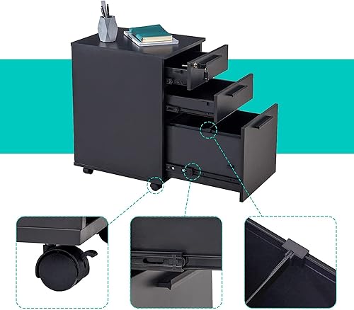 Miniatura 4 de VICLLAX Archivador móvil de 3 cajones, gabinete de almacenamiento de pedestal de madera para debajo del escritorio, gabinete de almacenamiento para