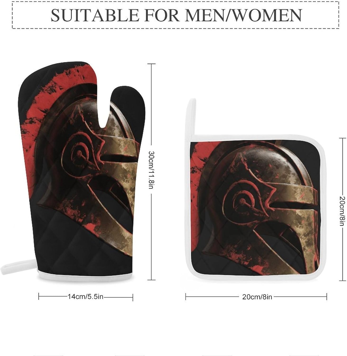 4-Piece Oven Mitts and Pot Holders Set Spartan Warrior Helmet Printed Heat-Resistant Polyester Kitchen Gloves and Potholders Comfortable & Durable for Cooking Baking and Grilling