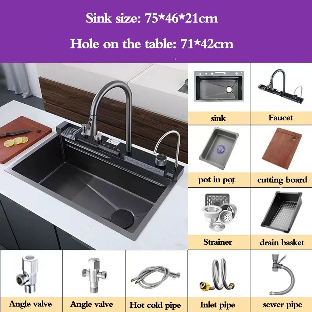 Singola ciotola 75 x 46 cm in acciaio inox cucina grande ciotola singola lavello pulsante acqua display digitale cascata lavello intelligente multifunzionale vegetale lavello sifone, nero,