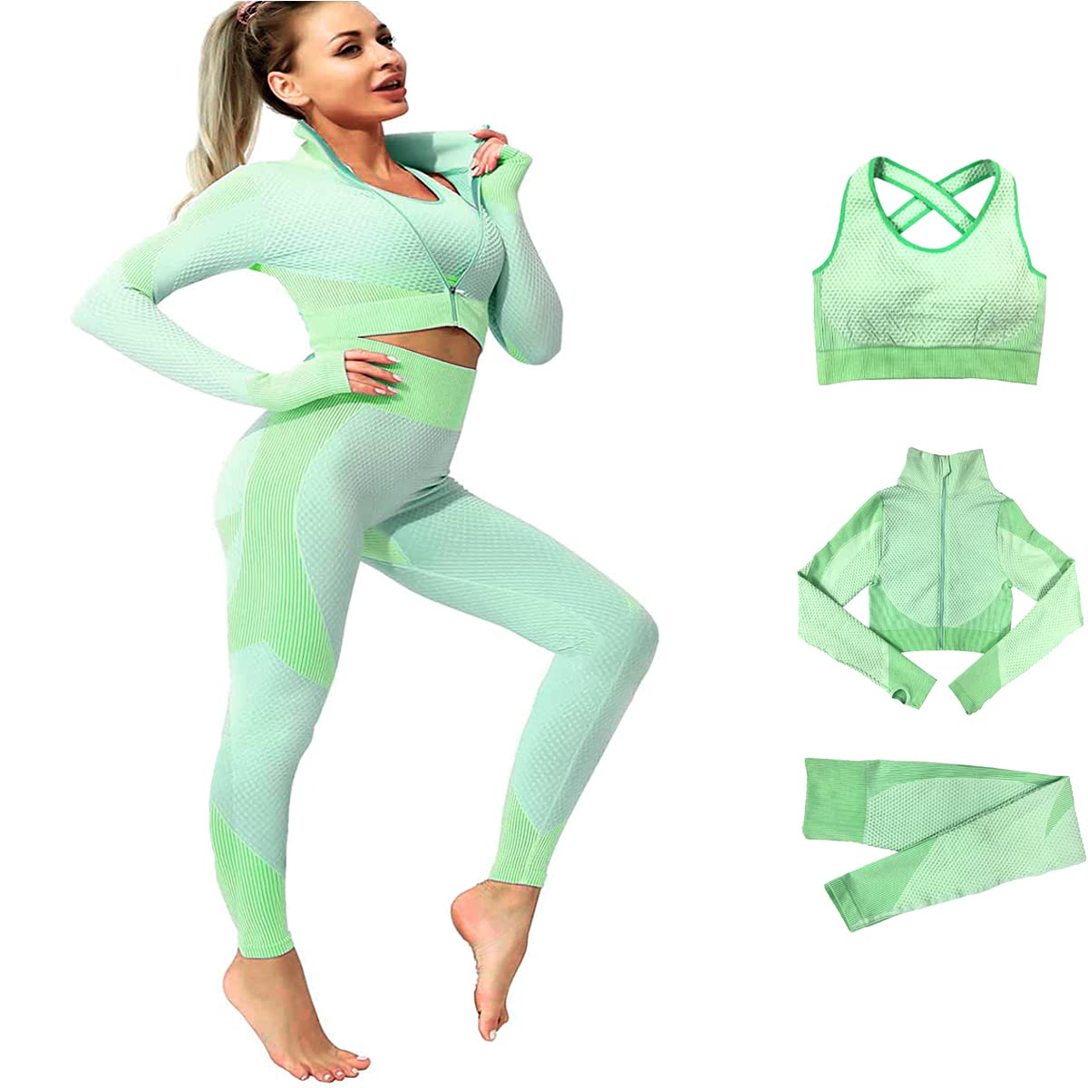 Veriliss 3 Piezas Mujer Yoga Traje Entrenamiento Para, Gym Mallas de Yoga Sin Costuras y Sujetador Deportivo Elástico Ropa de Gimnasio