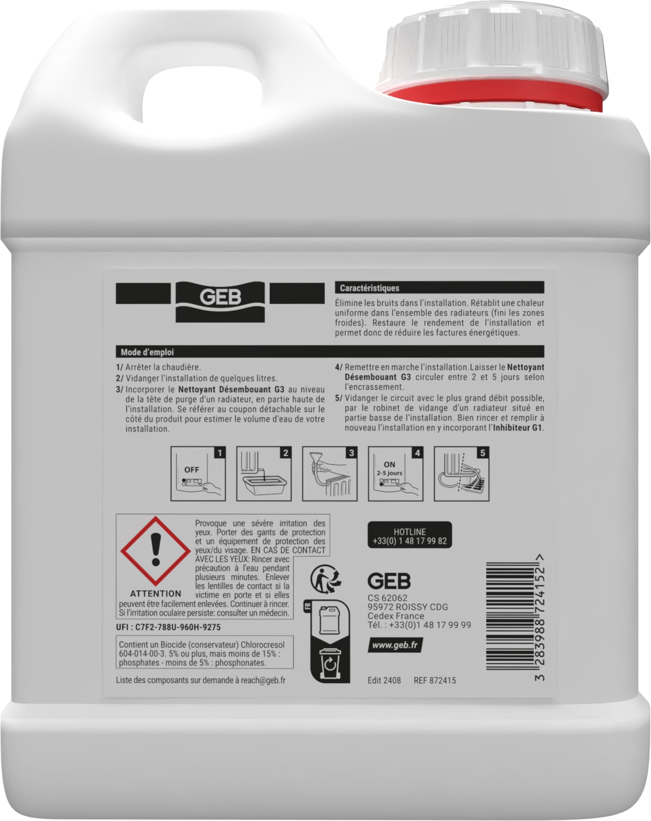 GEB Chauffage - Nettoyant Désembouant G3, Permet de nettoyer les installations de chauffage et planchers chauffants - 1 litre