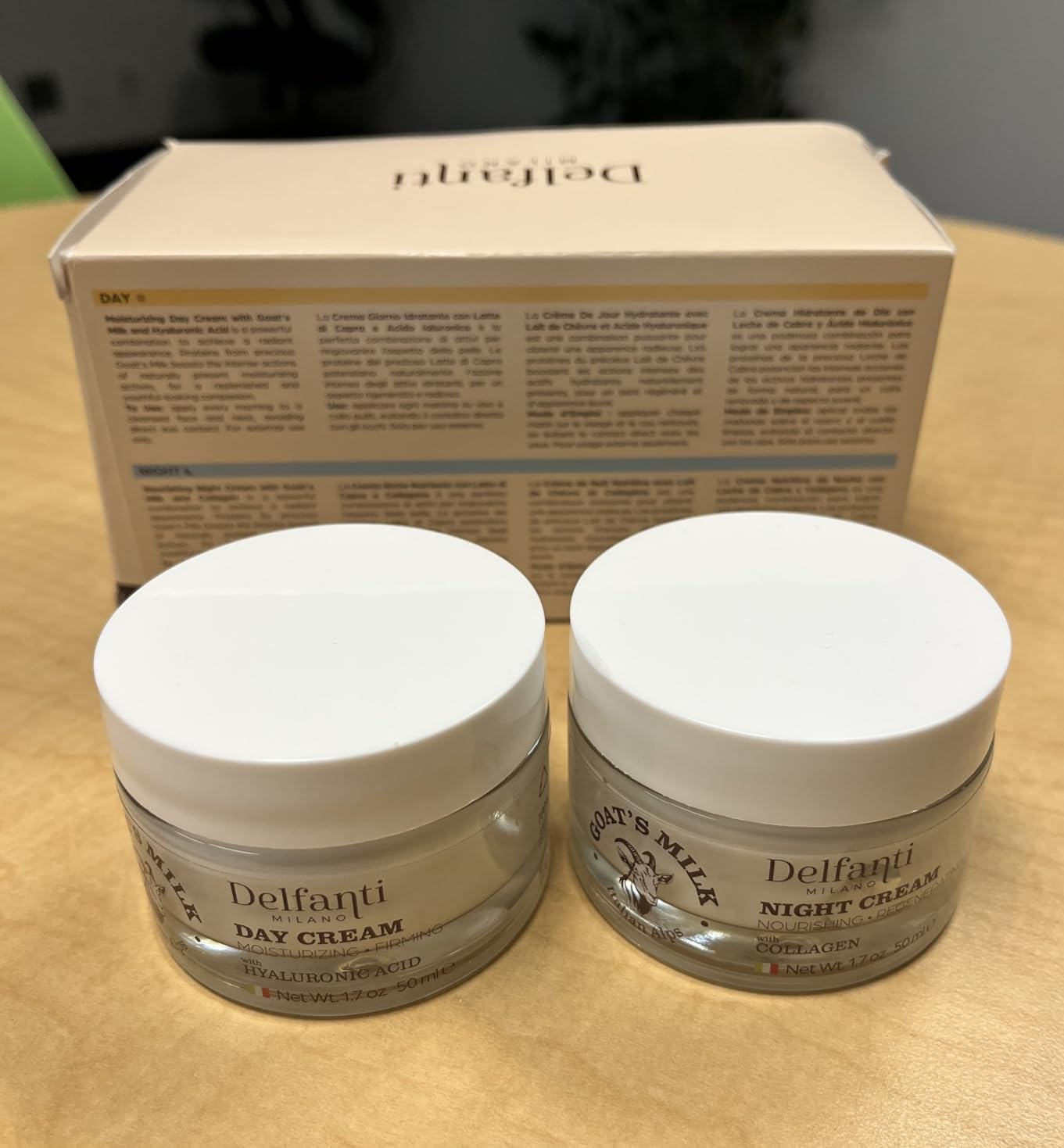 Delfanti-Milano • FULL SIZE DUO PACK • GOAT'S MILK with HYALURONIC ACID Day Cream and GOAT'S MILK with COLLAGEN Night Cream • Face and Neck Moisturizer • 2 x 1.7 oz jars • Made in Italy