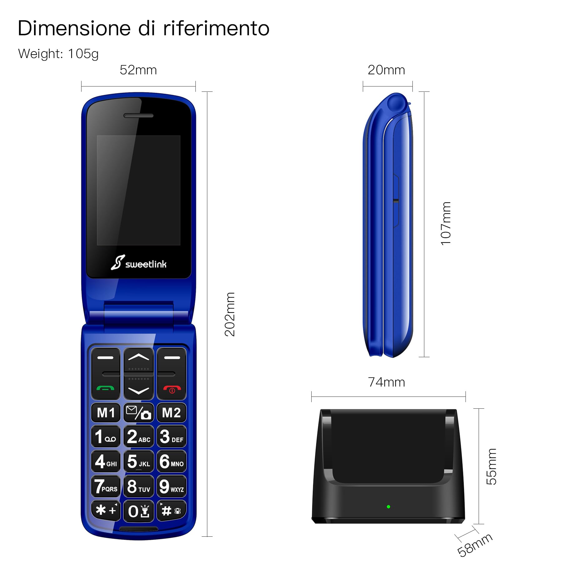 SweetLink F2 Plus Telefono Cellulare per Anziani, Flip Cellulare Anziani con Tasti Grandi, Contatti con Immagini, Base di Ricarica, Volume Alto, Funzione SOS, Doppia SIM,Pantalla 2.4", Blu