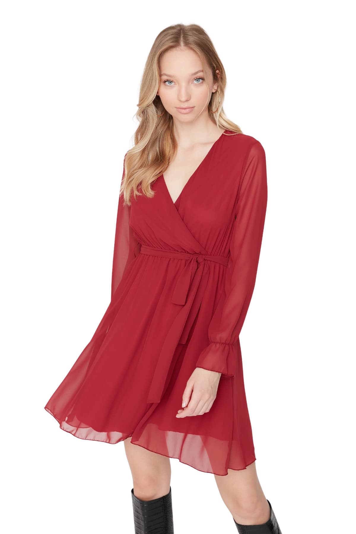 Trendyol Women Midi Skater Fitted Woven Dress Burgundy