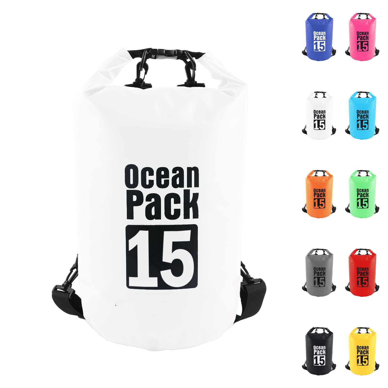 15L Biała wodoszczelna torba, Dry Bag 2L/5L/10L/15L/20L/30L z regulowanym paskiem, chroni telefon/kartę, worek szczelny z rolką na plecak do pływania/raftingu/kajaka/żeglowania/campingu/plaży