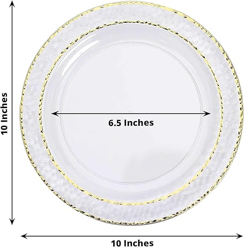 Miniatura 3 de Efavormart - Paquete de 10 platos llanos de plástico martillado transparente de 10 pulgadas con borde dorado