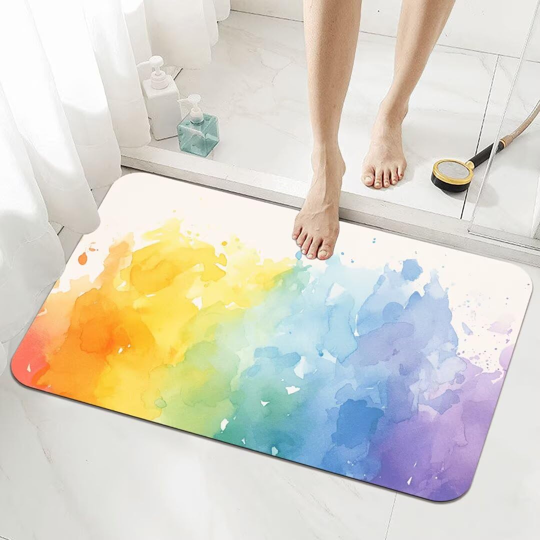 Badematte Rutschfester 90x150cm, Super Absorbierende Badezimmerteppich, Schnelltrocknende Badteppich Badvorleger Rutschfest Waschbar Teppiche Badezimmer, Duschvorleger Dünn Fußmatte Rainbow 5-905