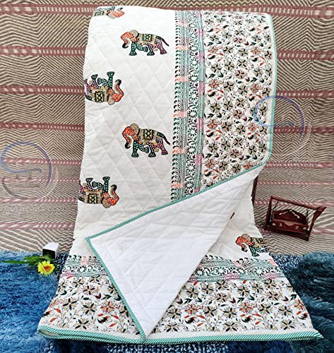 Image of 380 GSM Jaipuri Elephants Printed Winter Cotton Single Bed Quilt Razai - Red, Green, Cream and Multicolor, Rajai, 60X90 Inch