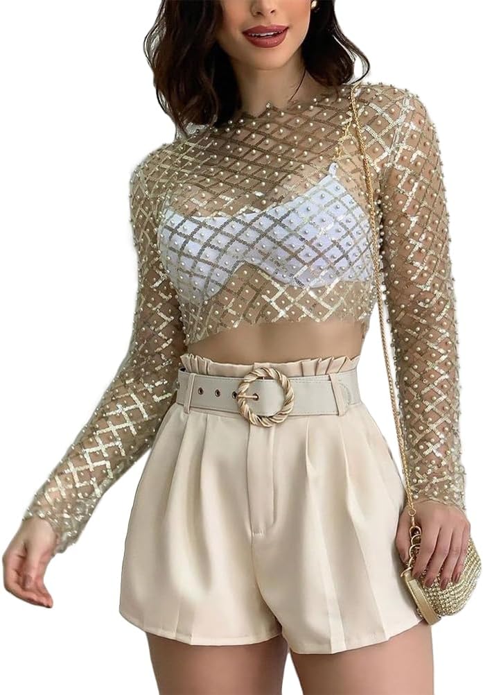 Top A Rete Trasparente Donna Con Strass – Maglia Manica Lunga Con Paillettes, Crop Top In Fishnet Per Discoteca, Serata, Club, Spiaggia - 5