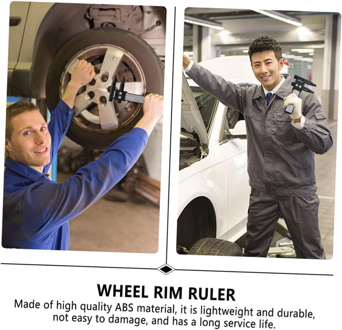 Man using the ruler to measure a car wheel