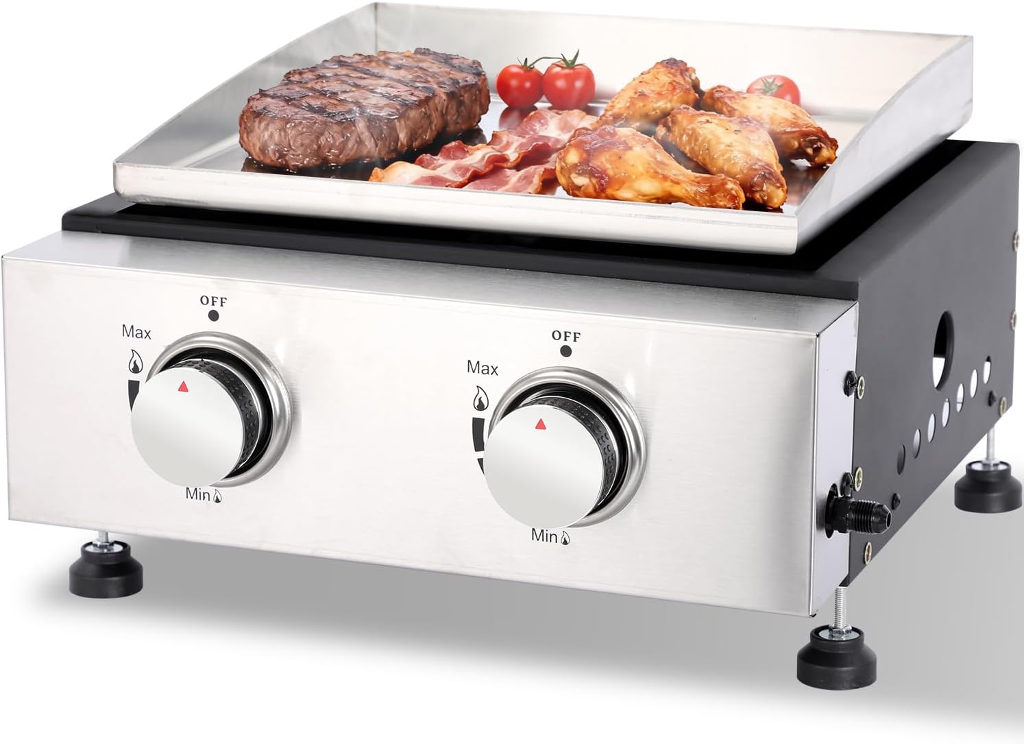 2-Burner Portable Tabletop Gas Griddle Grill with Stainless Steel Cooking Surface - Includes Protective Cover & Regulator, for Camping, Tailgating, Outdoor Cooking