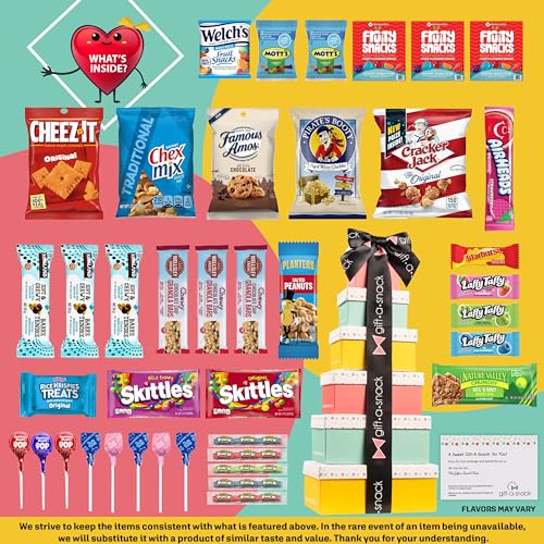 Image of Gift A Snack - Tower Snack Box Variety Pack Care Package + Greeting Card (40 Count) Birthday Sweet Treats Gift Basket, Candies Chips Crackers Office Food Assortments