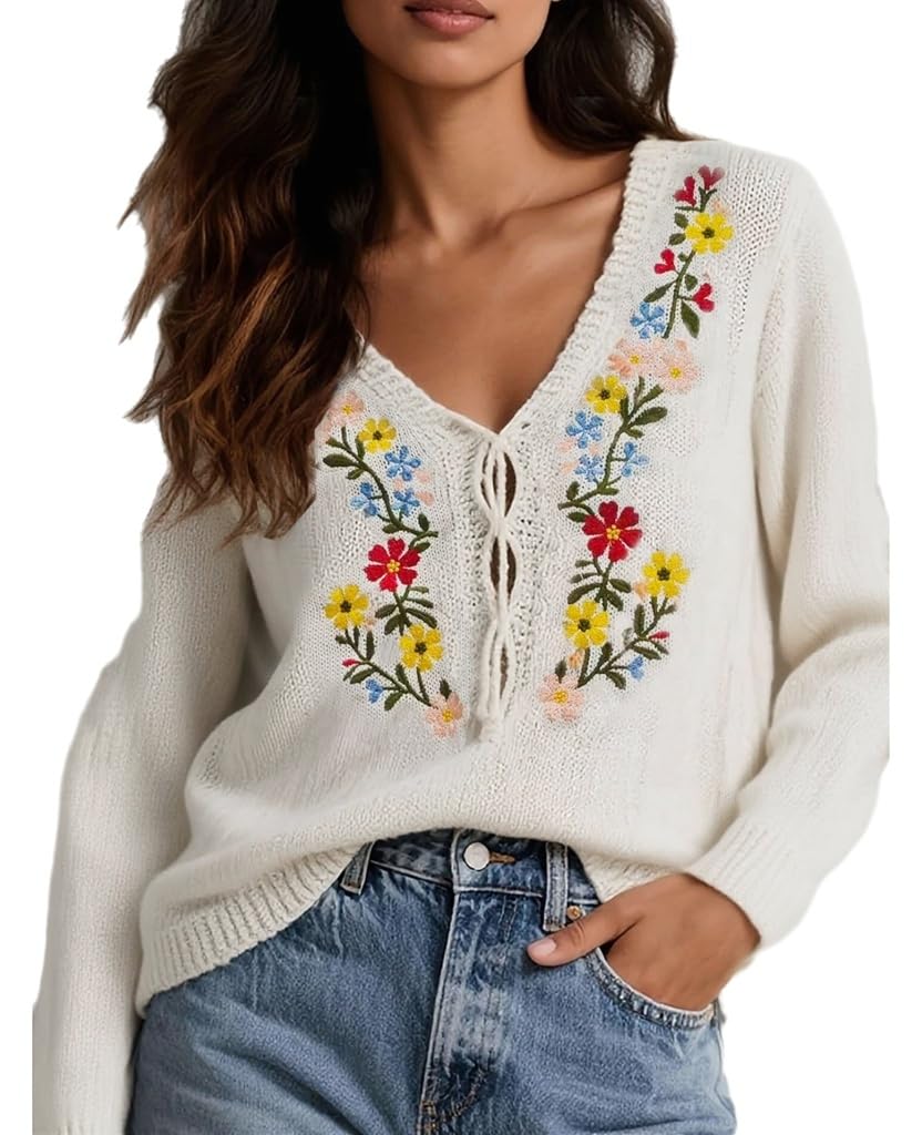 Vintage Floral Embroidered White Sweater V Neck Knit Tops for Women