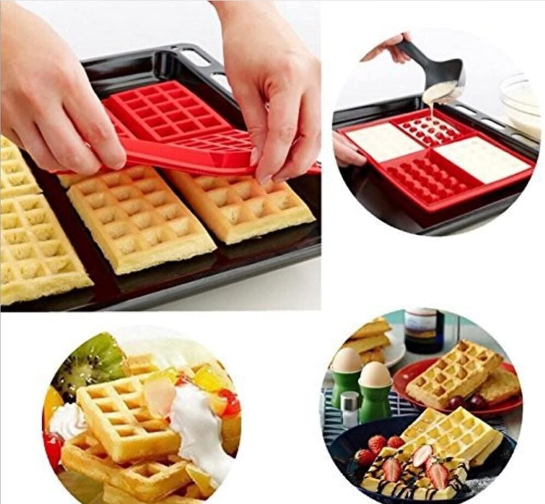 First Try 2 Pack Silicone Waffle Mould for Baking Non Stick Square Heart Shaped Waffles Bakeware Tool Red (Round and Rectangle) 1