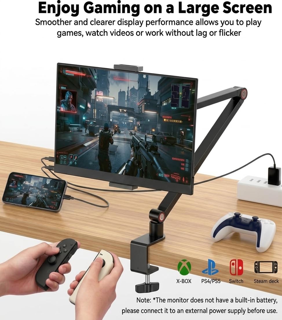 HONGO 15,6 Zoll Tragbarer Monitor, 1080P FHD IPS Bildschirm-Erweiterung mit Tischklemme & Lautsprechern, USB-C HDMI Plug & Play für Laptop, Handy, Spielkonsolen