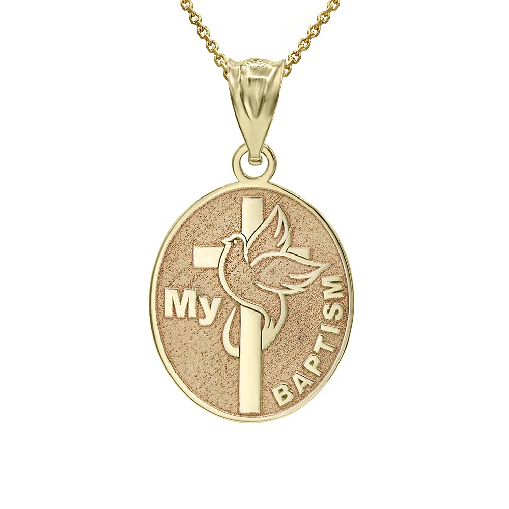 Personalized Name Religious Jewelry 14k Yellow Gold My Baptism Dove Cross Engravable Oval Pendant Necklace