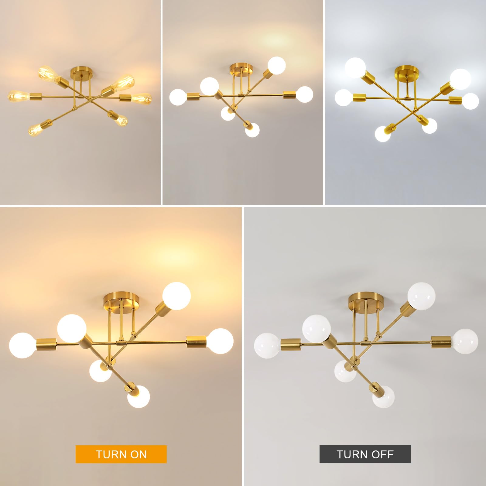 DELIPOP Lámpara de Techo Industrial, 6 Luces E27 Plafones de Techo Modernos, Orientable 180° Lámpara de Araña para Dormitorio Sala de Estar Cocina Salón Comedor