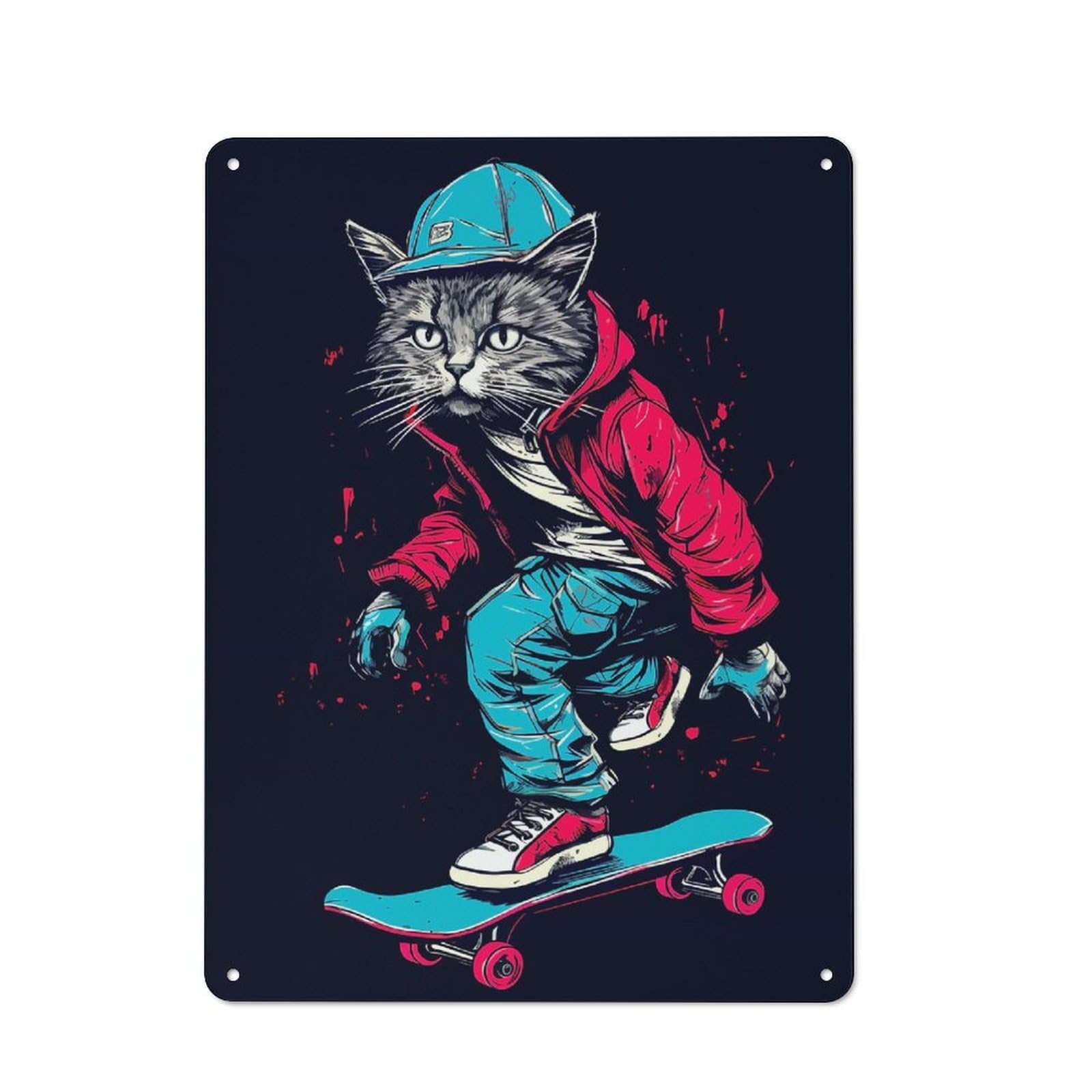 Junmoney Cat Skate Board Metal Wall Plaque 40X30cm, Simple Retro Studio Wall Plaque For Office, Study, Studio Or Hallway