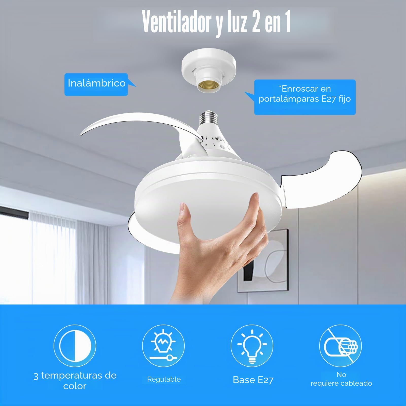 Ventilador de techo de 40 cm con luz E27 a distancia, 3 aspas invisibles, 4 velocidades, 3 temperaturas de color 3000-6500 K, funcionamiento silencioso, 30 W 2400 lm para dormitorio, salón cocina