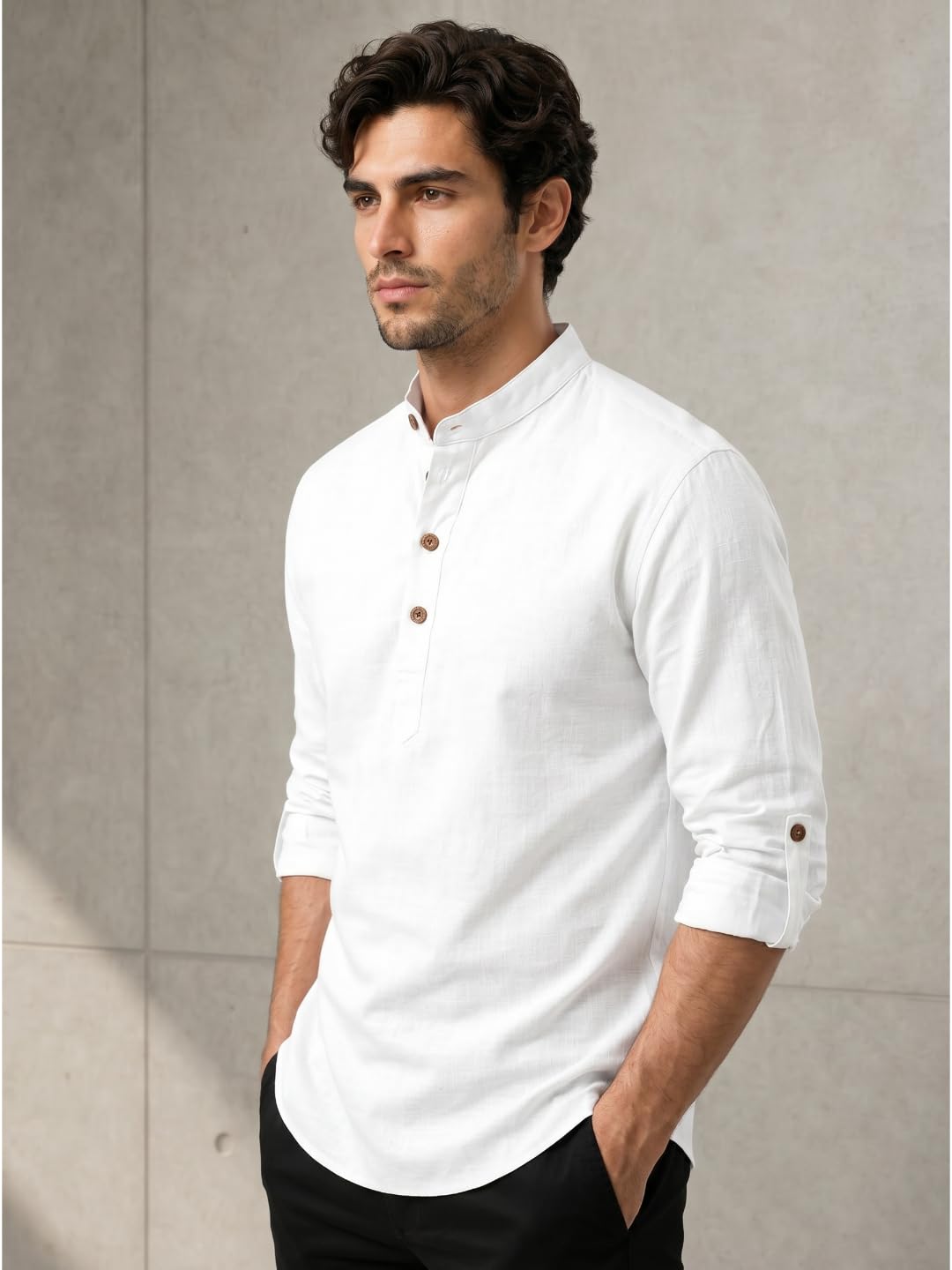 Zombom Camicia da uomo in misto poliestere misto cotone manica lunga stile mandarino/stile cinese